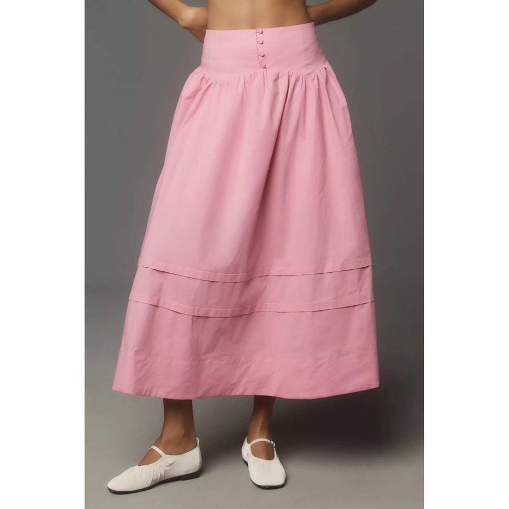 NEW Anthropologie Maeve Cotton Smoked A-Line Midi Skirt Pink Women's Large